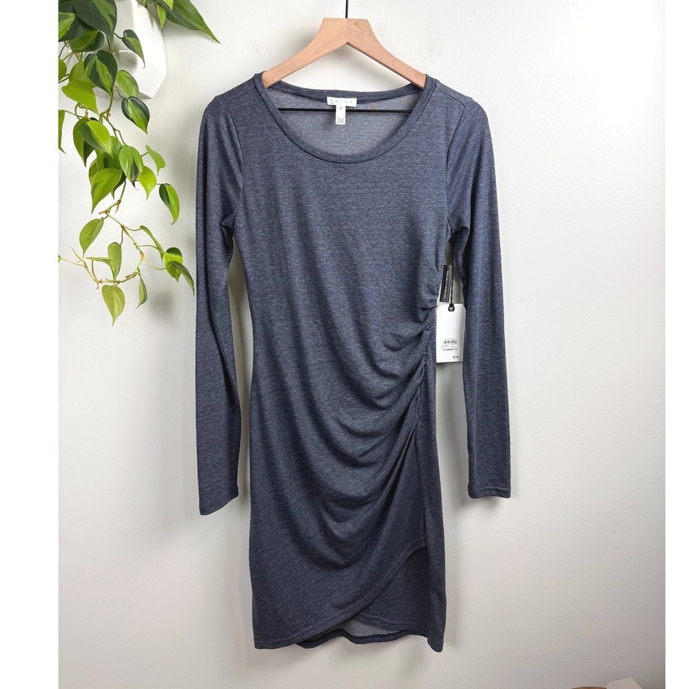 Leith Ruched Side Long Sleeve Bodycon Dress Navy Night Heather M Minimalist